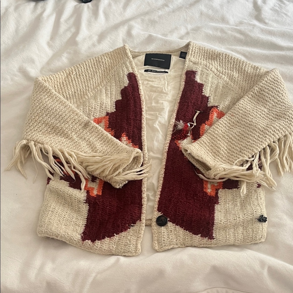 Scotch & Soda Cream and Burgundy Fringed Cardigan